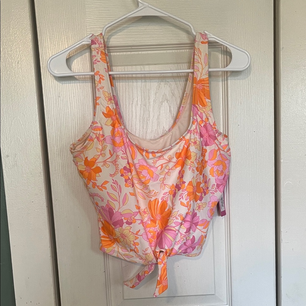 Floral Tie-Front Tank Top bathing suit in Pink & Orange